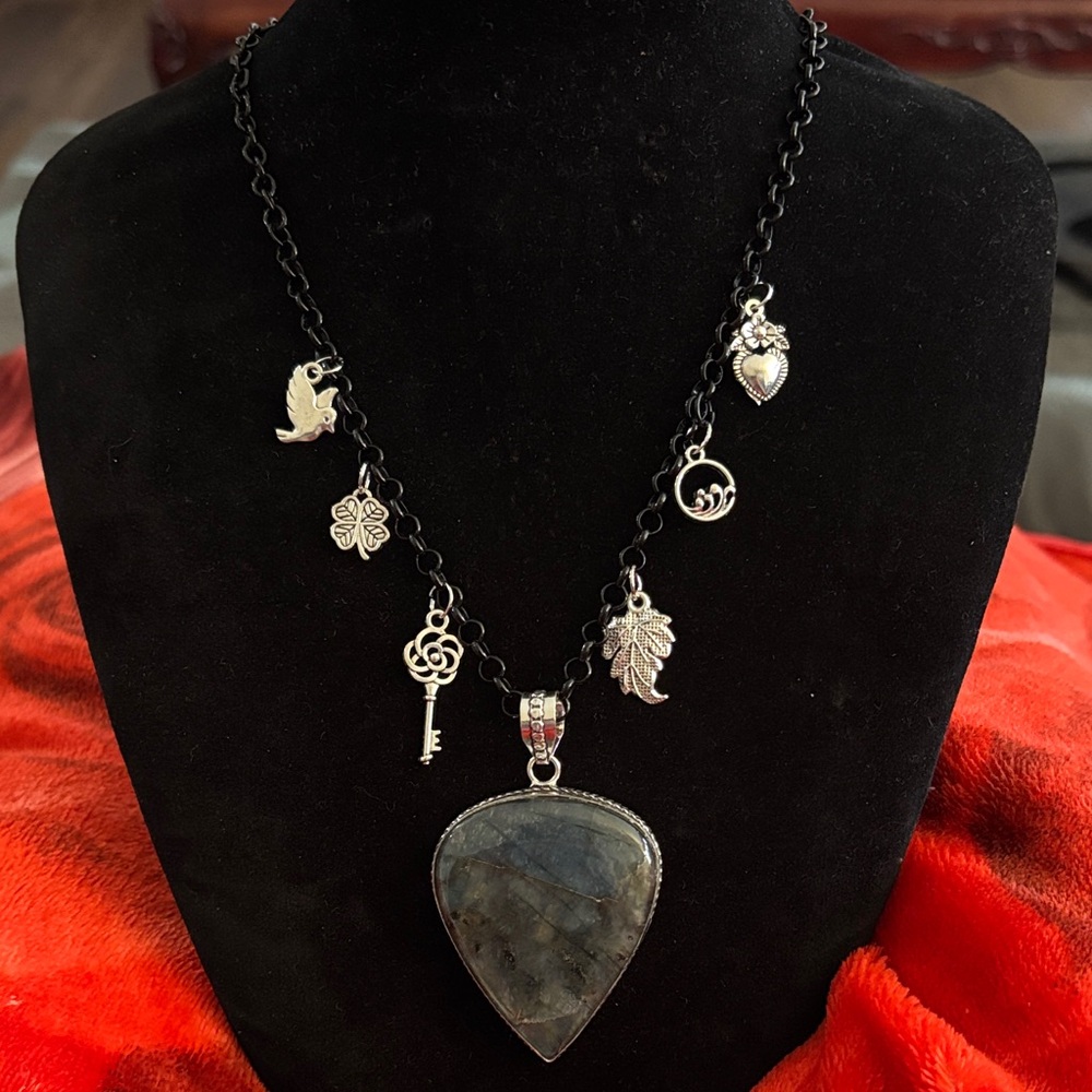 Handmade Labradorite Pendant Necklace with Black Chain and Silver Charms